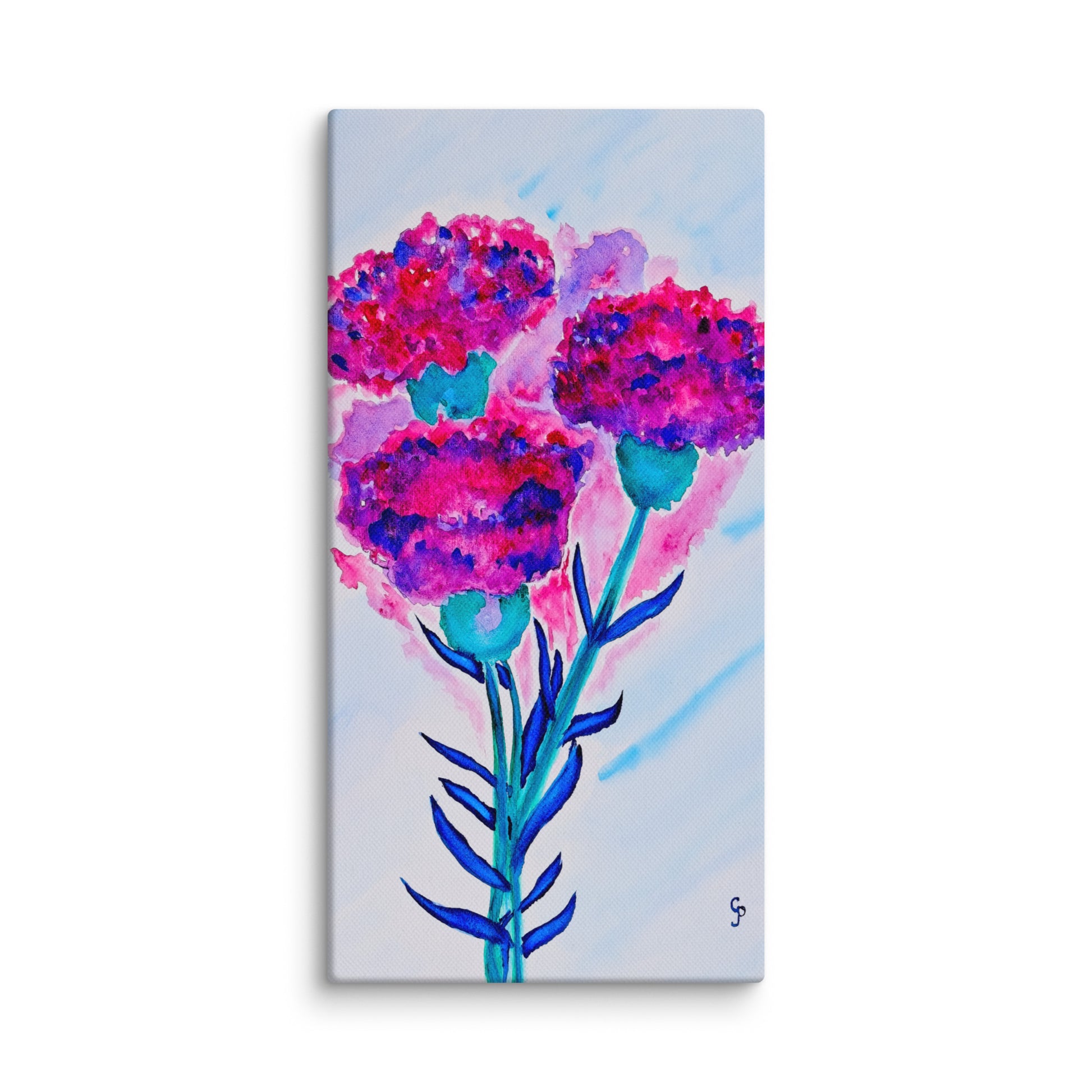 Canvas print of pink and blue flowers on a light blue background