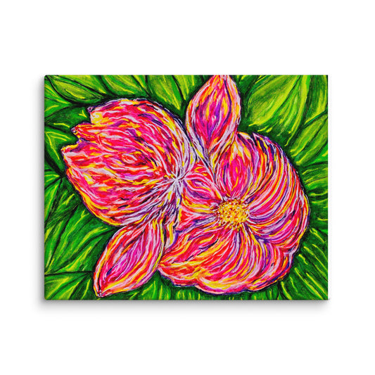 Colorful abstract flower painting on a green leaf background