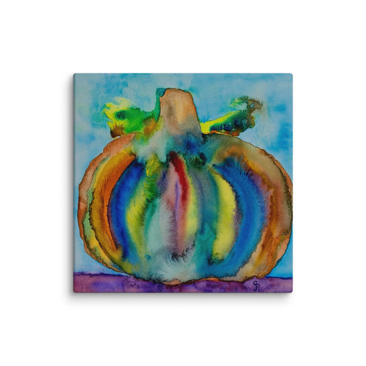 Colorful watercolor painting of a pumpkin on a white background