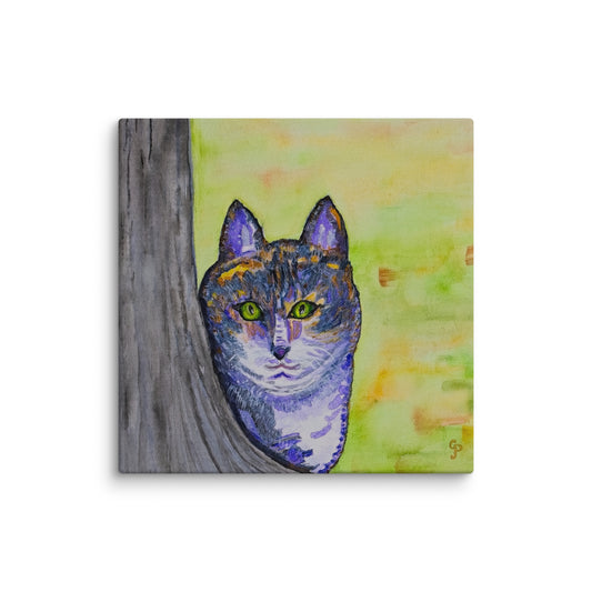 Canvas print of a stylized cat peeking from behind a tree trunk with a colorful background.