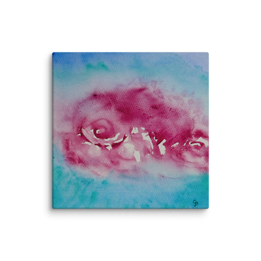 Abstract painting with pink and blue hues on a white background