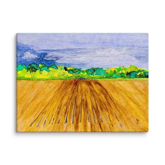 Painting of a field with trees under a blue sky