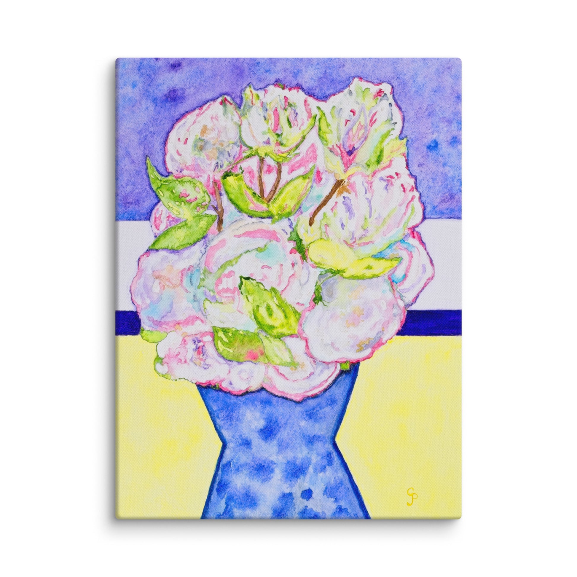 Canvas print of a floral painting with a blue vase on a colorful background