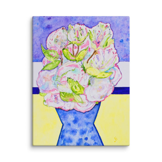 Canvas print of a floral painting with a blue vase on a colorful background