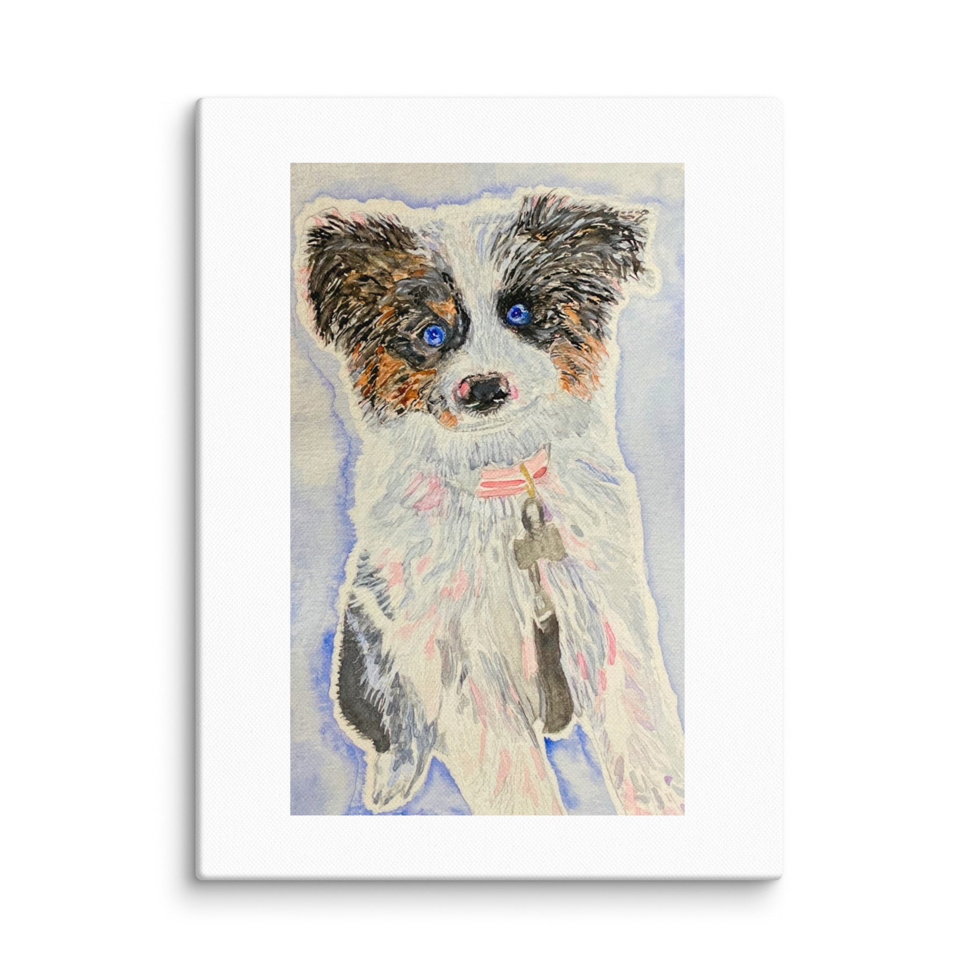 12 x 16 canvas print of a watercolor portrait and piece of art of an aussie shepherd dog with beautiful blue eyes on a light blue and white background