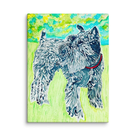 Painting of a dog with a colorful abstract background