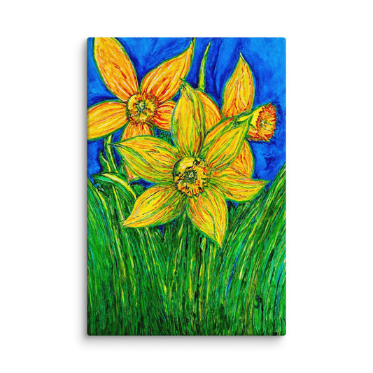 Canvas print of yellow flowers with a blue sky background