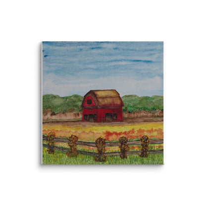 Golden autumn fields stretch toward a weathered red barn, its rust-stained roof catching late harvest light. Warm ochres and burnt sienna washes blend across the pastoral landscape, while delicate fence posts frame the foreground. Rich watercolor blooms suggest ripening crops, capturing rural America's timeless rhythm between seasons.