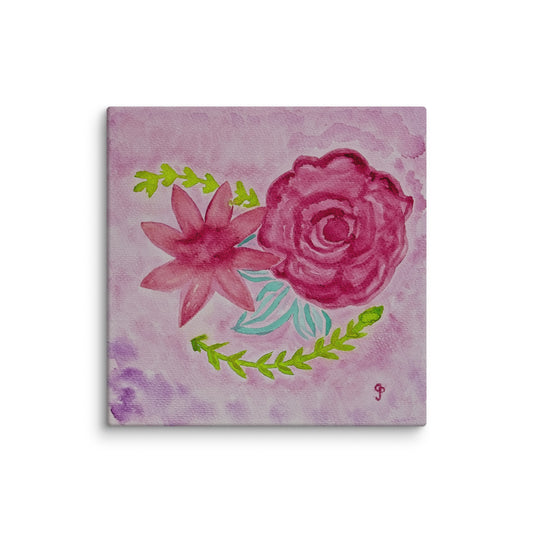 Canvas painting of pink flowers on a light purple background