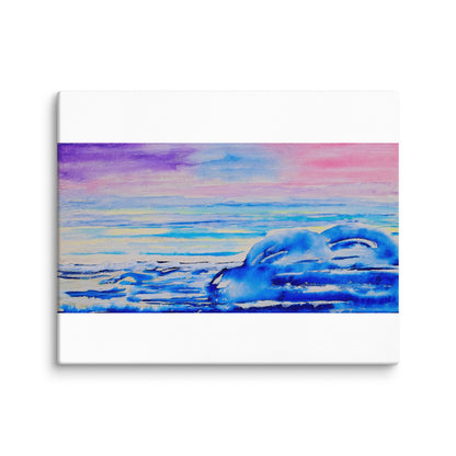 Canvas print of a watercolor landscape with a blue sky and ocean.