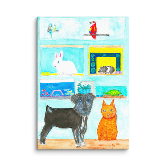 Illustration of a dog and cat on a shelf with various animals in the background