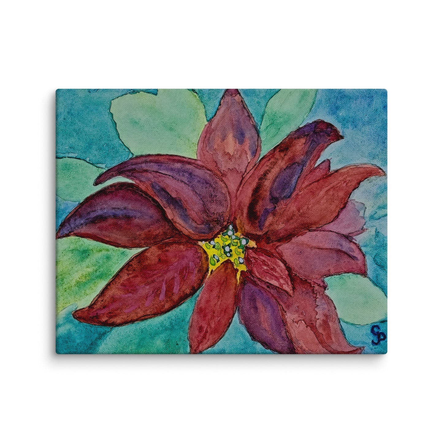 Canvas print of a red poinsettia flower with green leaves on a blue background