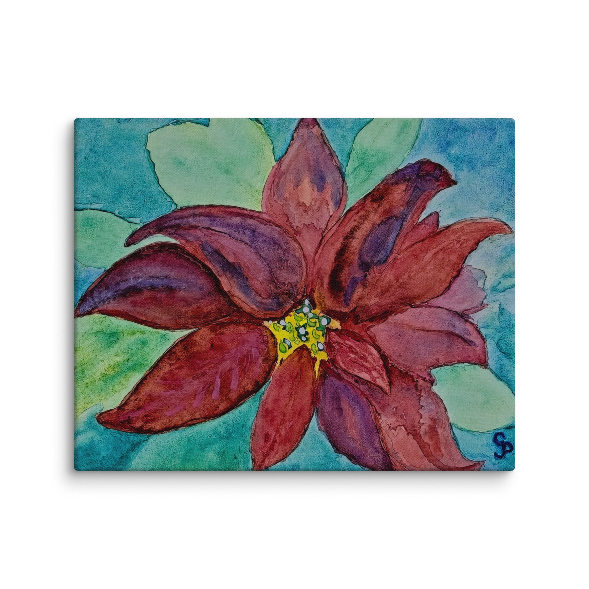 Canvas print of a red poinsettia flower with green leaves on a blue background