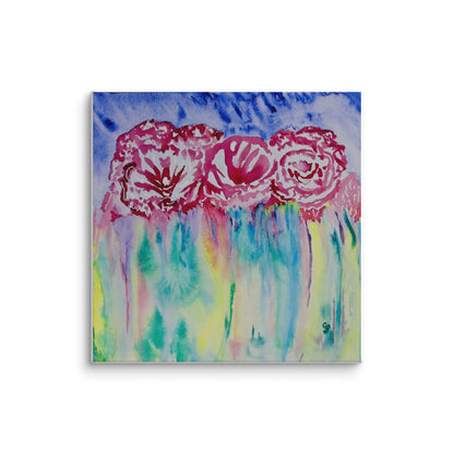 Bold pink roses emerge from flowing vertical washes of turquoise, yellow, and lavender that cascade downward like gentle rain. The wet-on-wet technique creates organic color bleeds while expressive brushwork captures the roses' essence against a dramatic blue sky, blending realism with pure abstraction.
