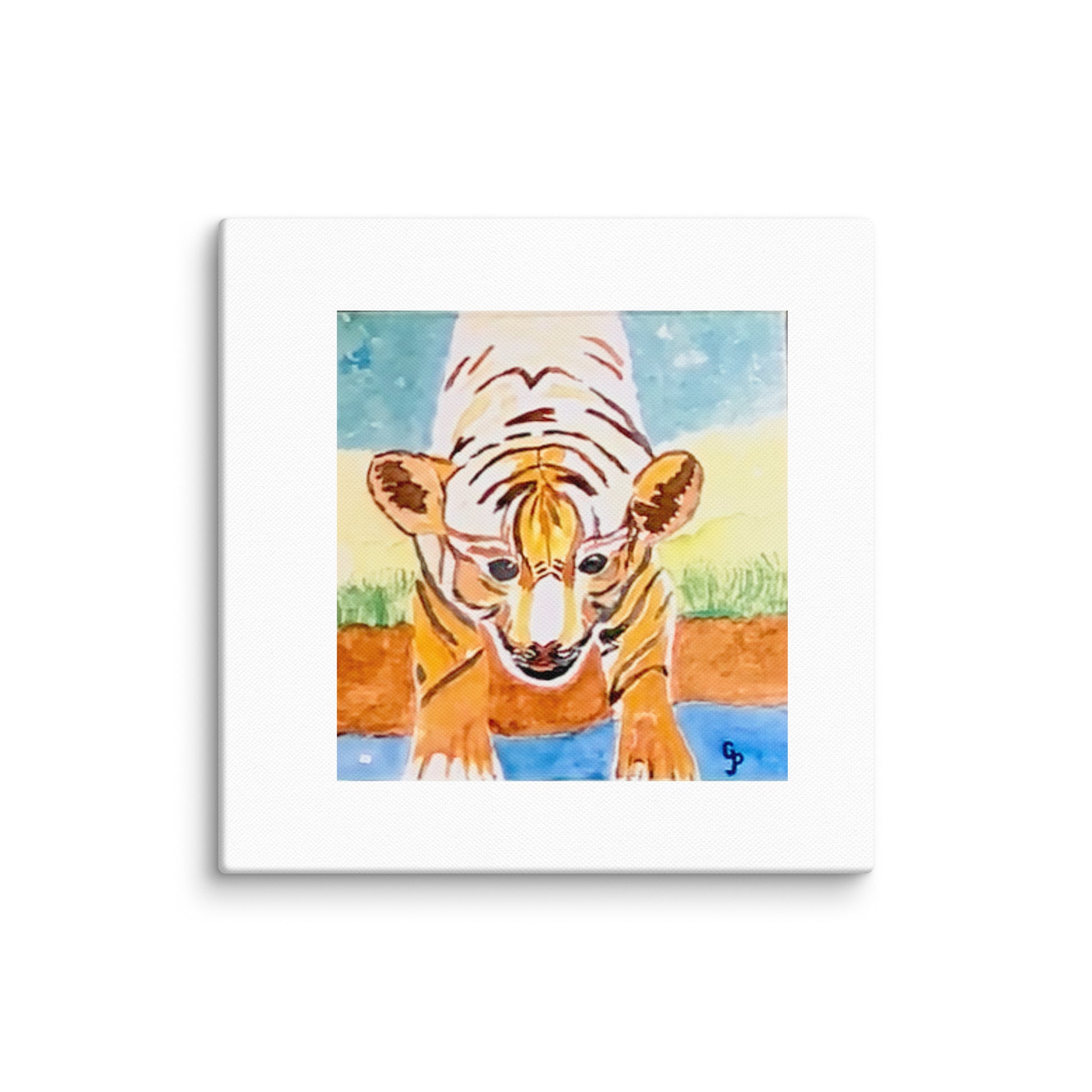 Framed artwork of a tiger cub in a natural setting with a white border.