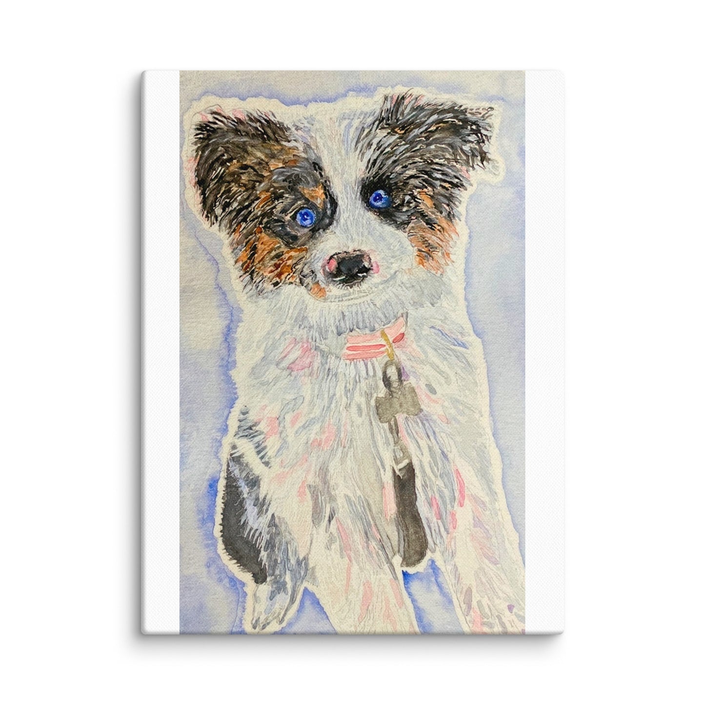 9 x 12 canvas print of a watercolor portrait and piece of art of an aussie shepherd dog with beautiful blue eyes on a light blue and white background