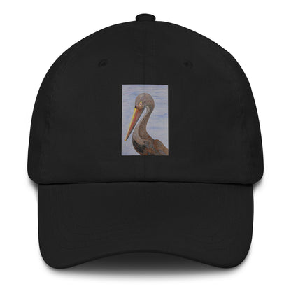Black cap with a pelican design on a white background