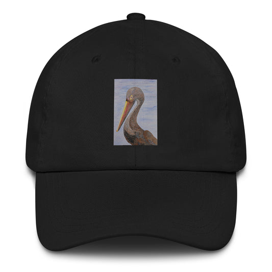 Black cap with a pelican design on a white background