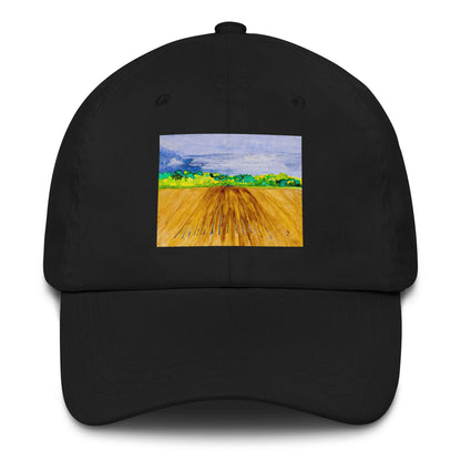 Black cap with a landscape field print - perfect for farmers and men