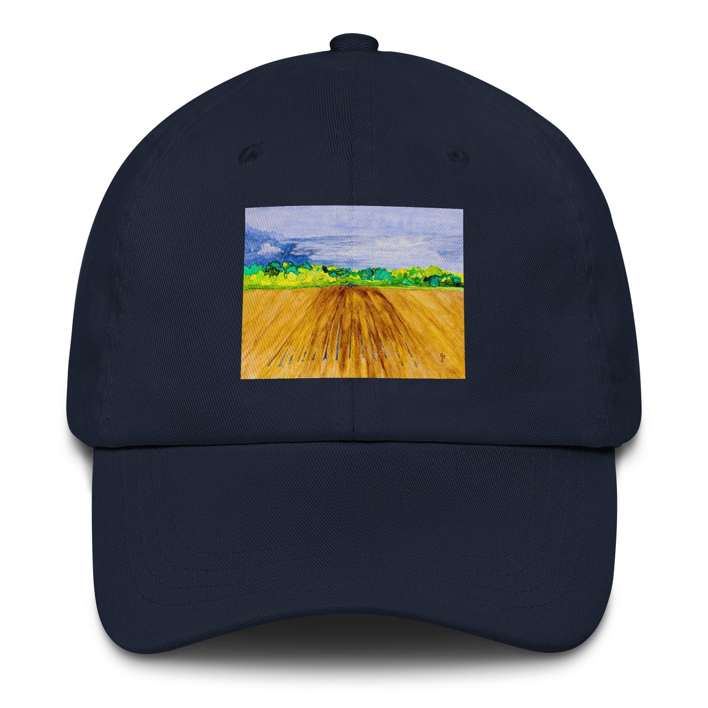 Navy blue cap with a colorful landscape field design on a white background