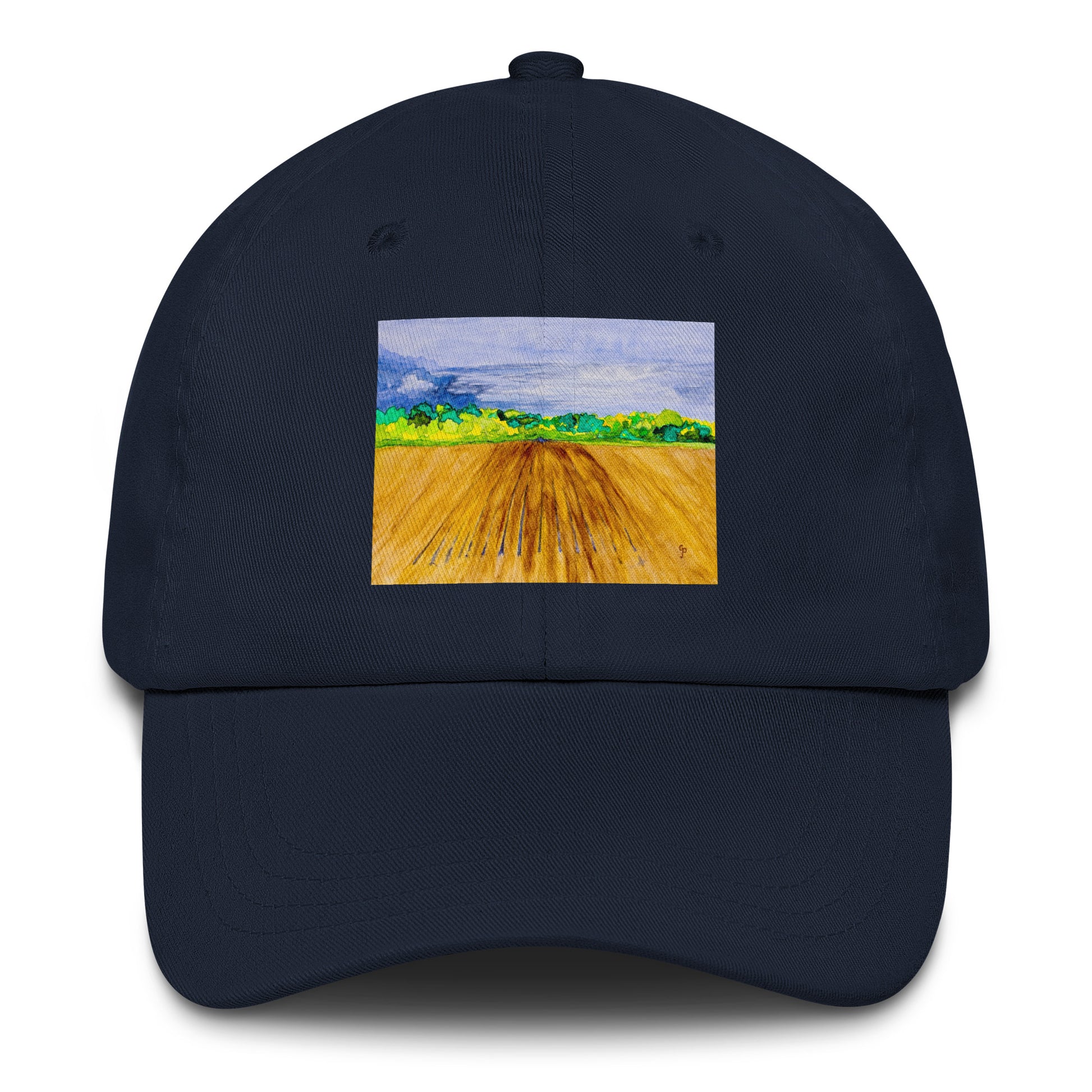 Navy blue cap with a colorful landscape field design on a white background