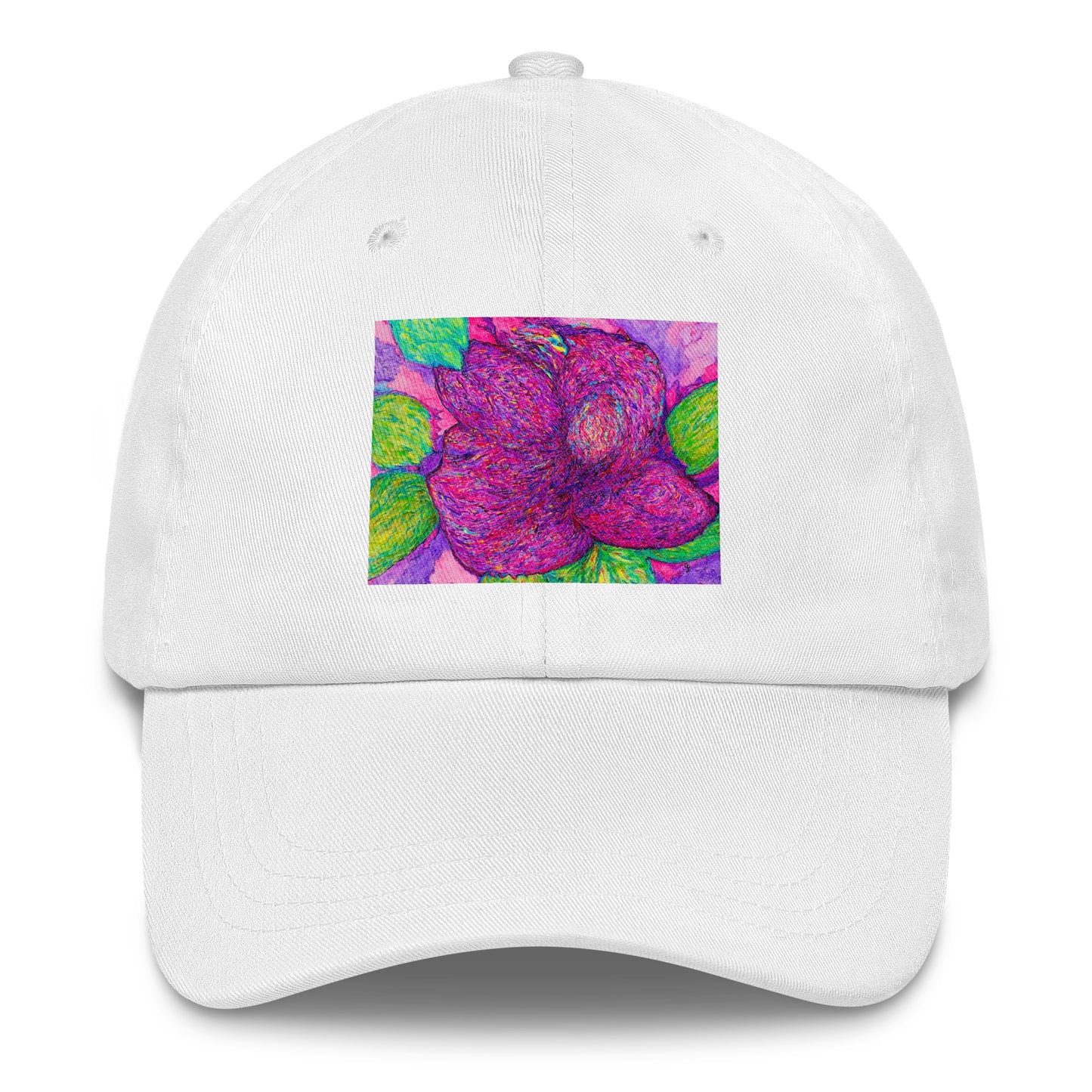 White cap with a colorful floral design on a white background