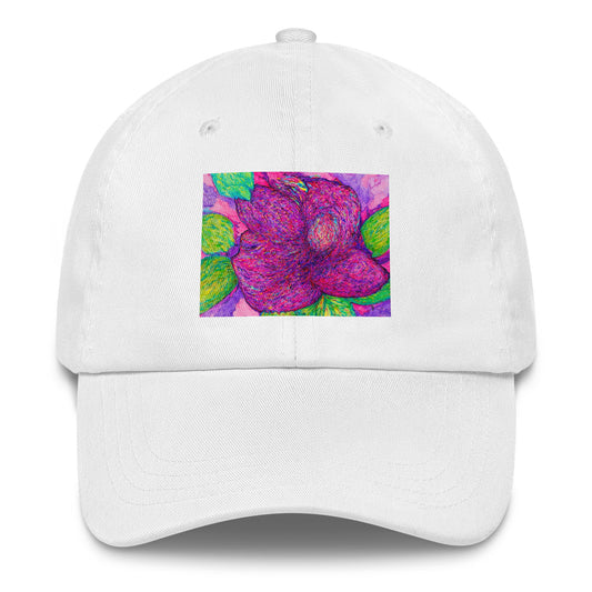 White cap with a colorful floral design on a white background