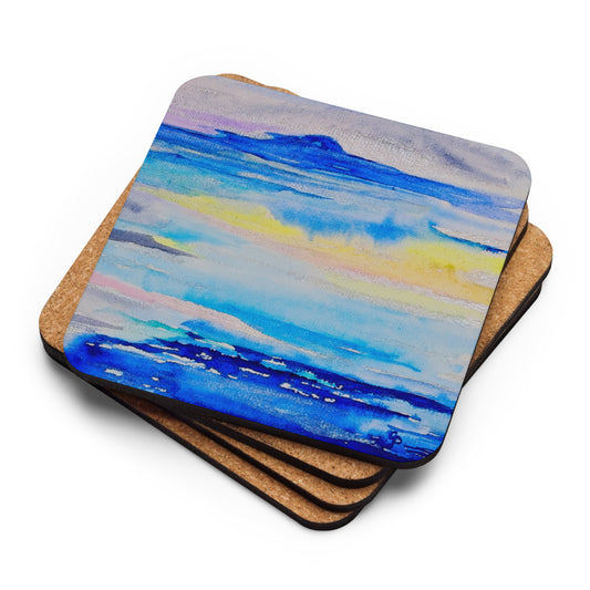 Cork-back coaster featuring original artwork—durable, heat-resistant, and non-slip; perfect for protecting tables while adding an artistic and stylish touch to home or office décor.