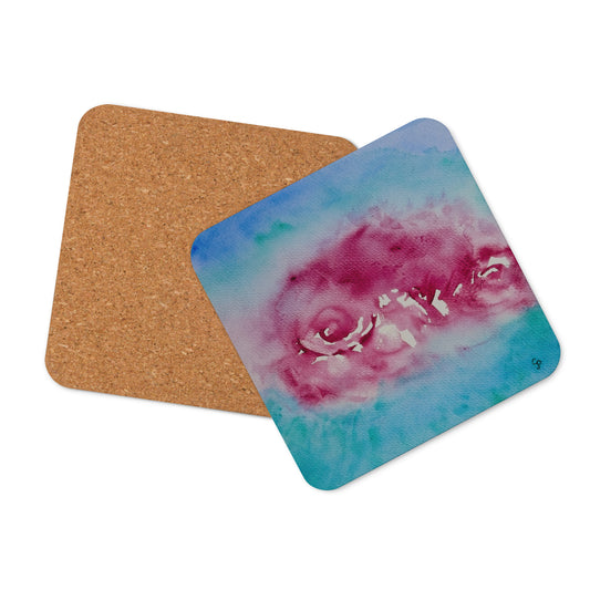 Cork-back coaster featuring original artwork—durable, heat-resistant, and non-slip; perfect for protecting tables while adding an artistic and stylish touch to home or office décor.