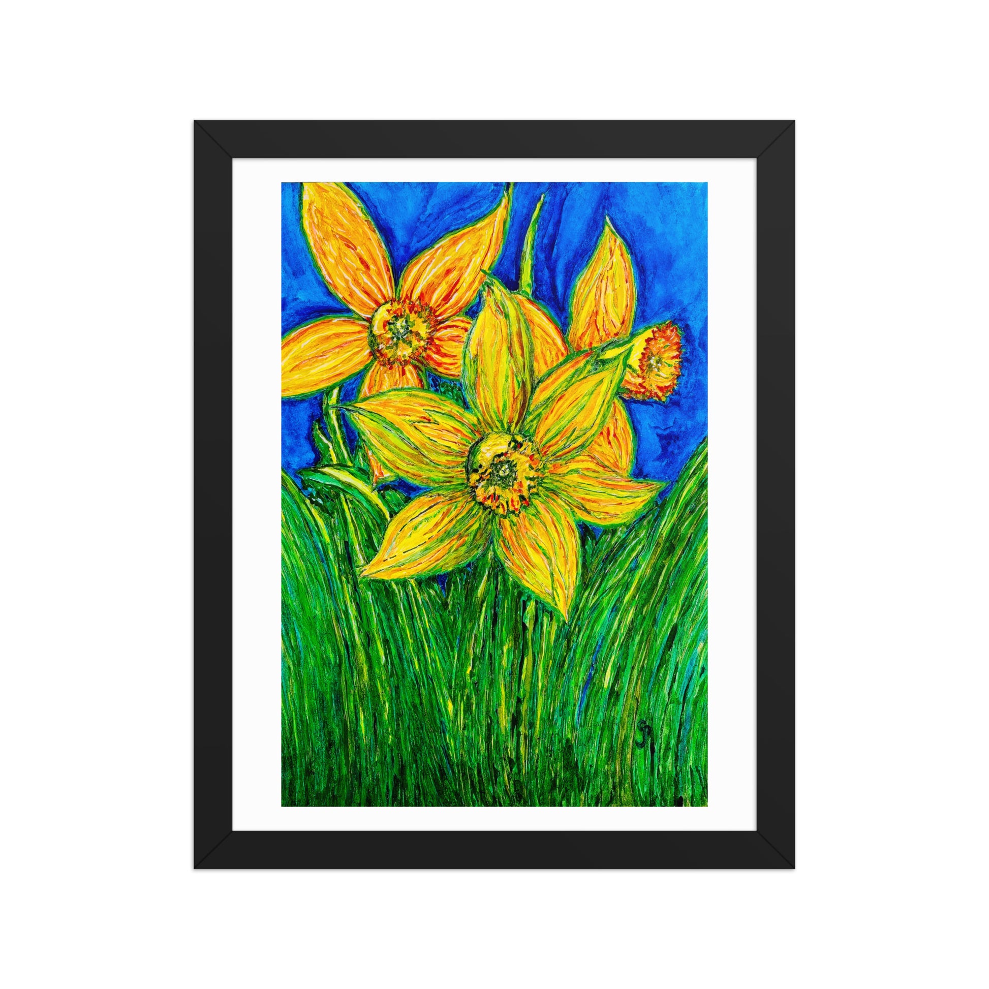 Framed artwork of yellow flowers with a blue background