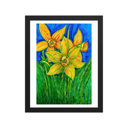 Framed artwork of yellow flowers with a blue background