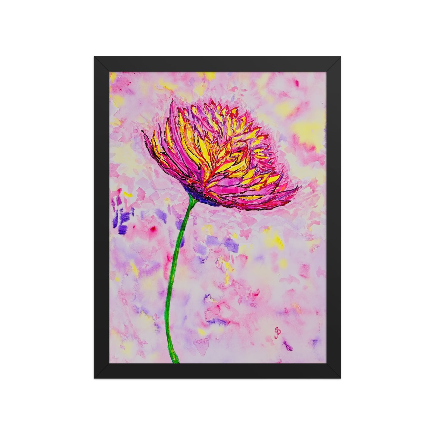 Framed artwork of a colorful flower on a pink background