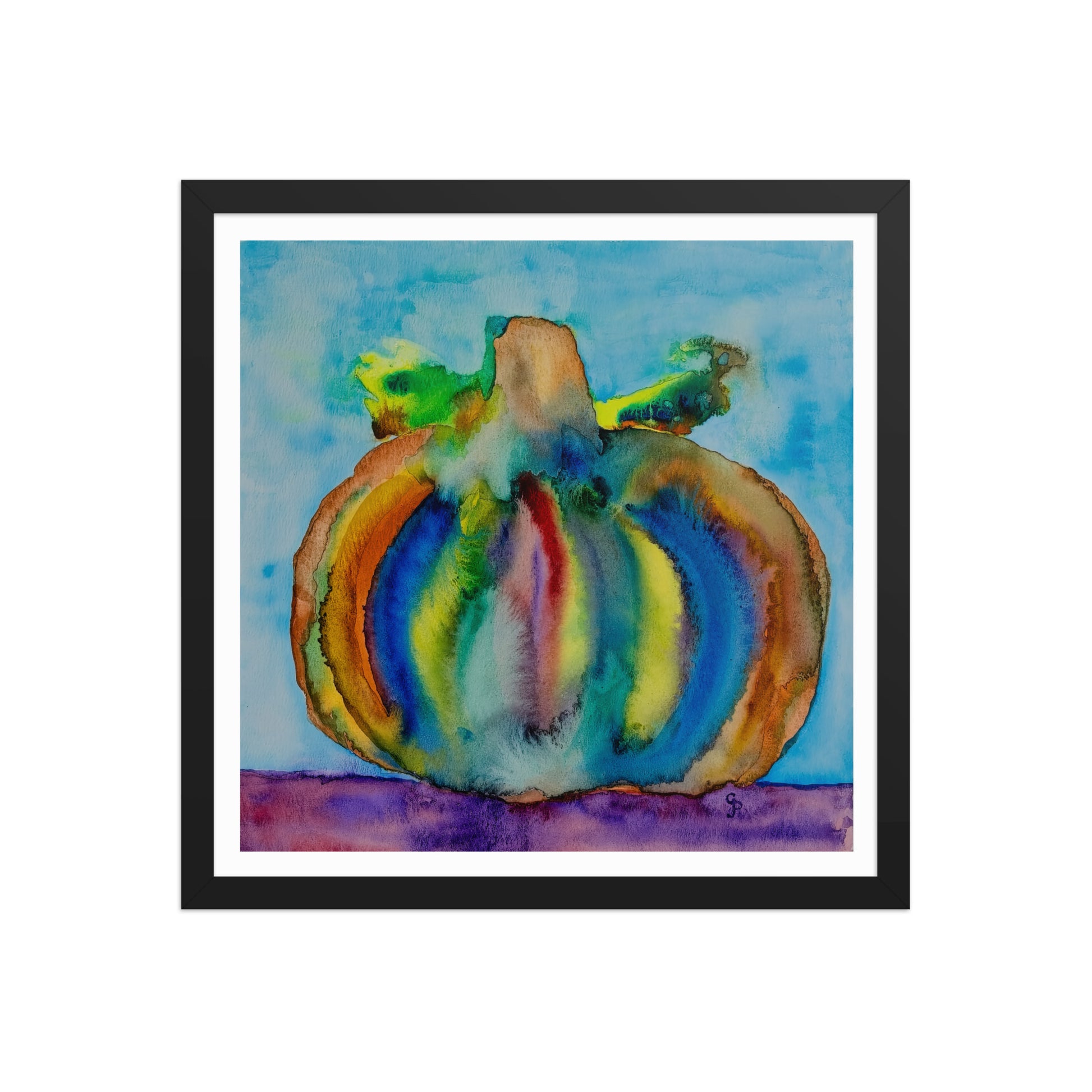 Framed watercolor painting of a multicolored pumpkin on a white background