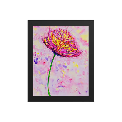 Framed artwork of a pink and yellow flower on a colorful abstract background