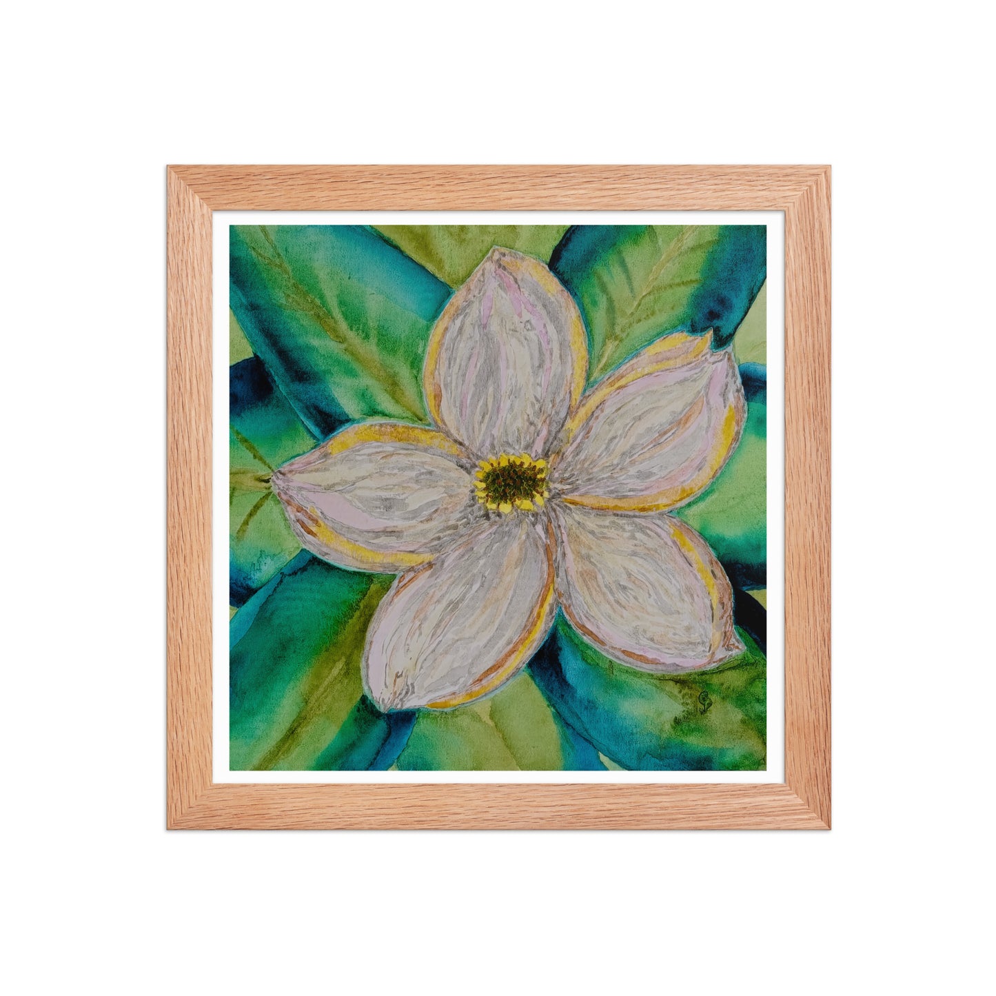 Framed artwork of a magnolia flower on a bed of blue green leaves