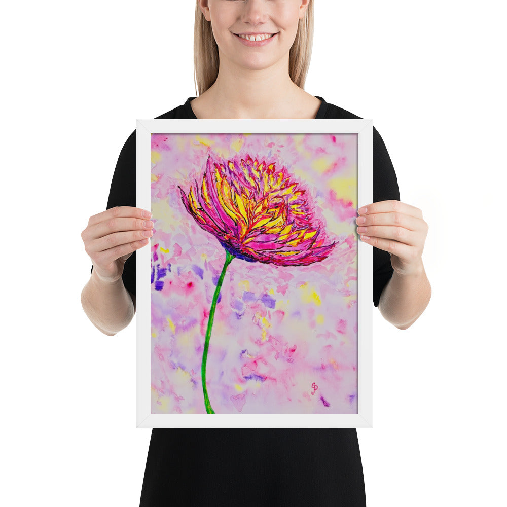 Person holding a framed painting of a colorful flower with a white background