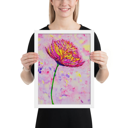 Person holding a framed painting of a colorful flower with a white background