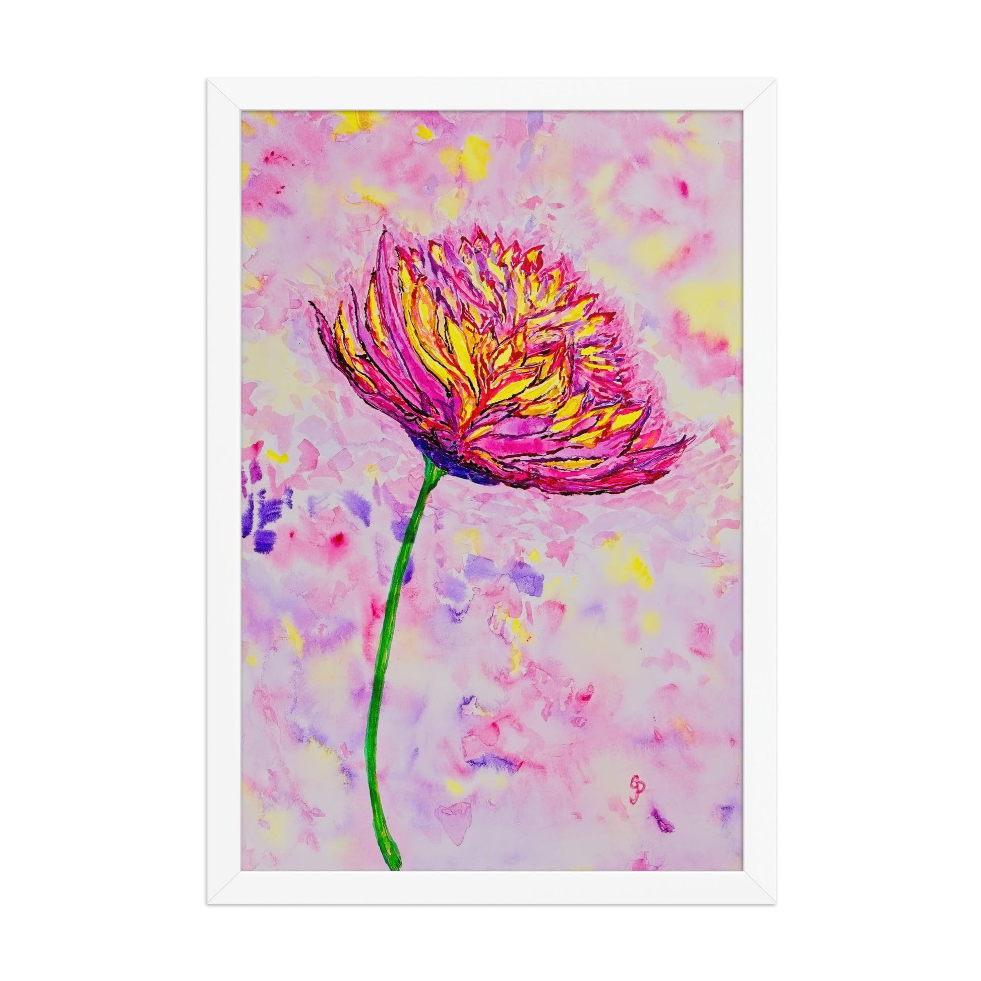 Colorful abstract painting of a flower with pink and yellow hues on a pink background
