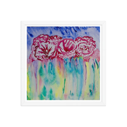 Colorful abstract floral painting with pink on a white background