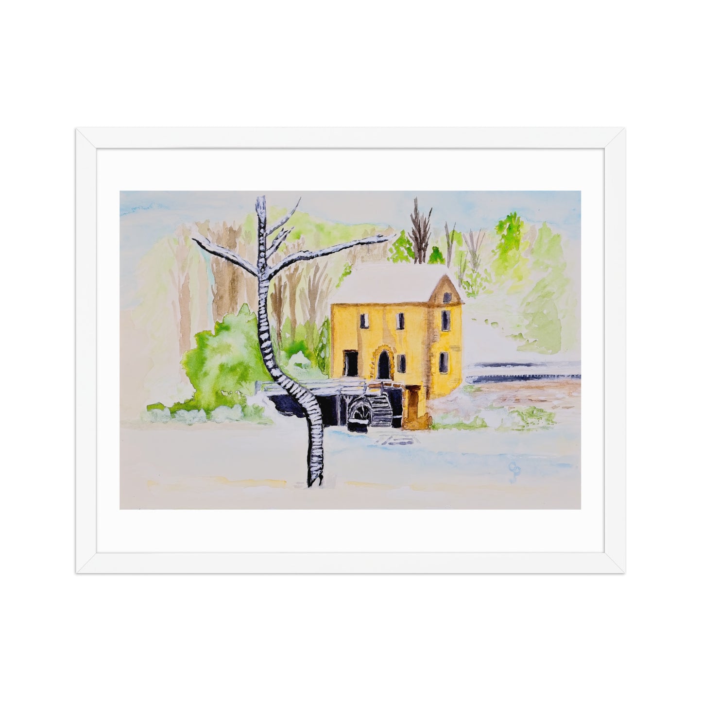 Framed watercolor painting of a yellow mill with trees and a path.