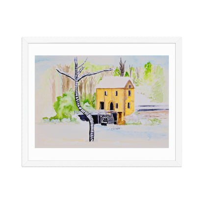 Framed watercolor painting of a yellow mill with trees and a path.
