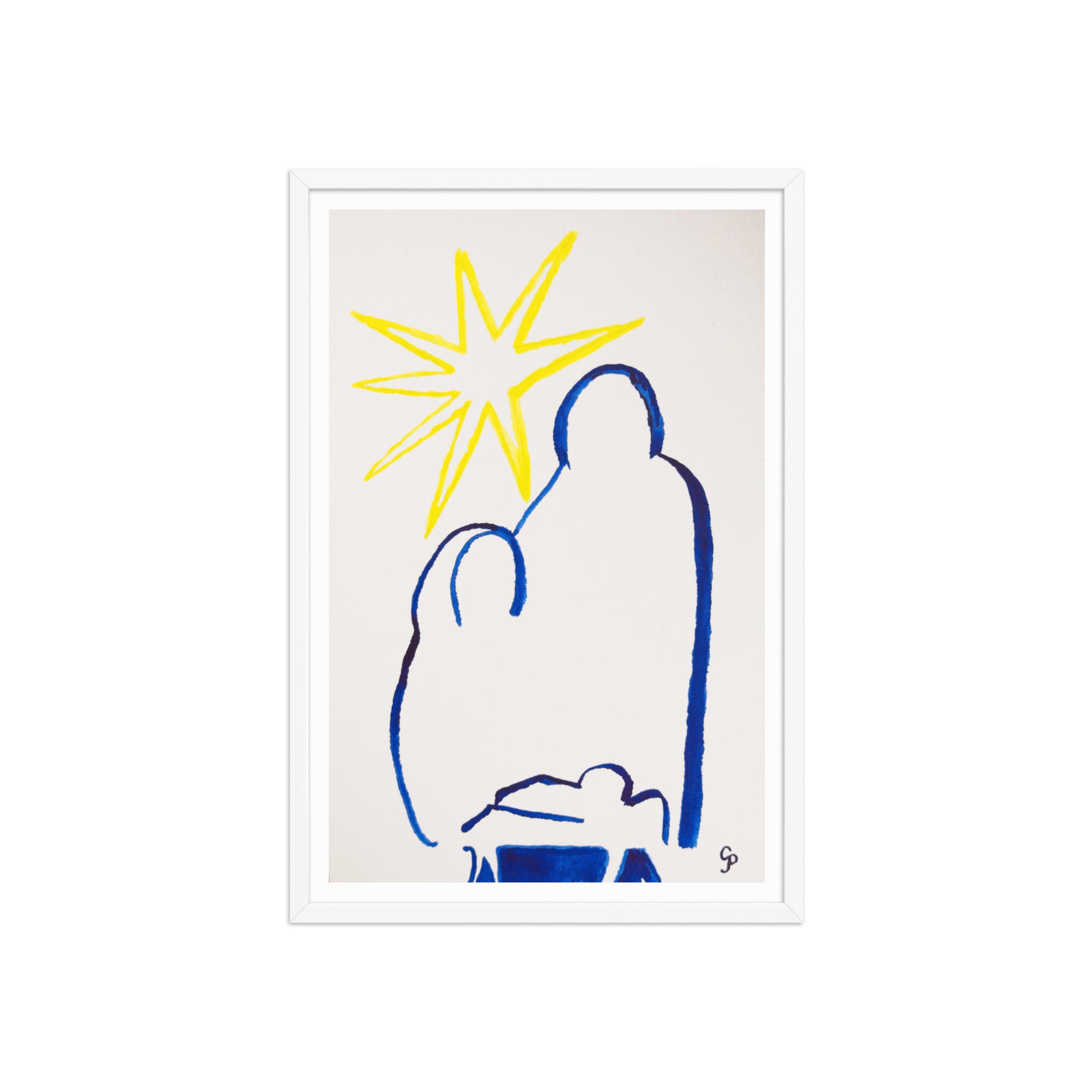 Framed artwork of a blue silhouette nativity scene and a yellow star on a white background