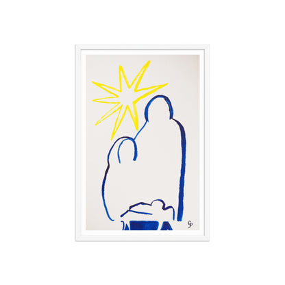Framed artwork of a blue silhouette nativity scene and a yellow star on a white background