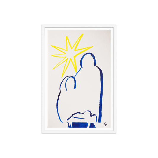Framed artwork of a blue silhouette nativity scene and a yellow star on a white background