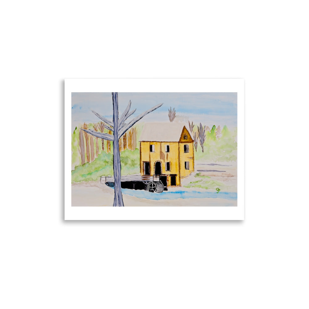 Painting of a yellow house with a watermill in a forest setting