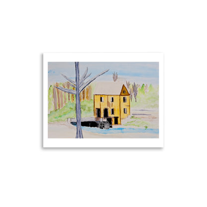 Painting of a yellow house with a watermill in a forest setting