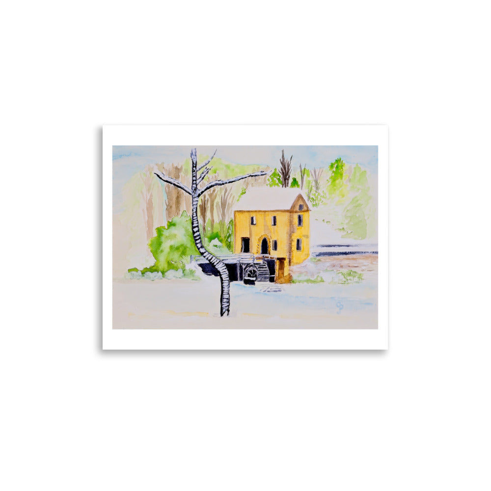 Watercolor painting of a yellow mill and trees on a white background
