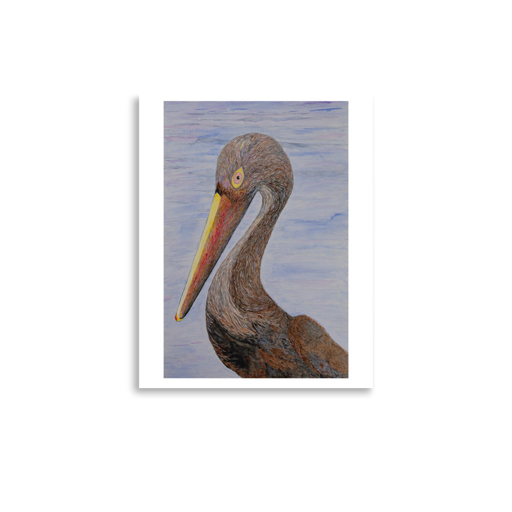 Art print of a pelican with a blue water background
