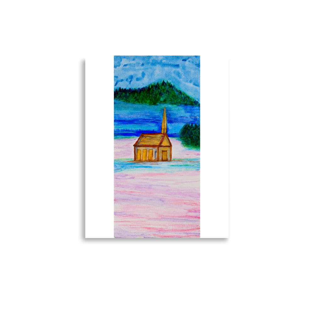 Painting of a small church by a lake with a colorful landscape.