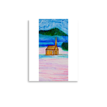 Painting of a small church by a lake with a colorful landscape.